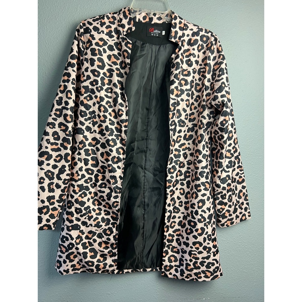 Bellita Womens Leopard Print Duster Jacket Open Front Longline Blazer Tan‎ M